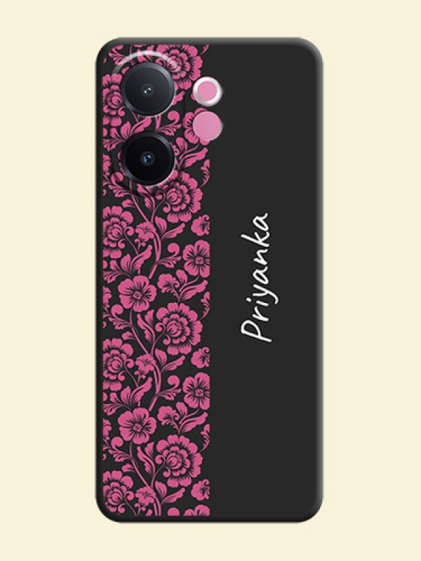 Pink Floral Pattern Design With Custom Text On Space Black Custom Soft Matte Mobile Back Cover - Vivo V60e 5G