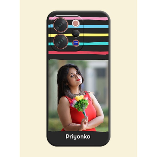 Multicolor Lines with Image On Space Black Custom Soft Matte Mobile Back Cover - Vivo V70 5G Multicolor Lines with Image On Space Black Custom Soft Matte Mobile Back Cover - Vivo V70 5G