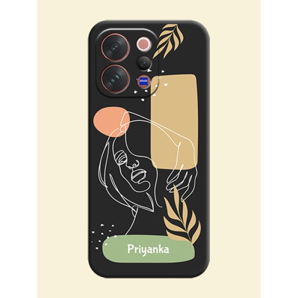 Custom Text With Line Art Of Women & Leaves Design On Space Black Custom Soft Matte Mobile Back Cover - Vivo V70 5G Custom Text With Line Art Of Women & Leaves Design On Space Black Custom Soft Matte Mobile Back Cover - Vivo V70 5G
