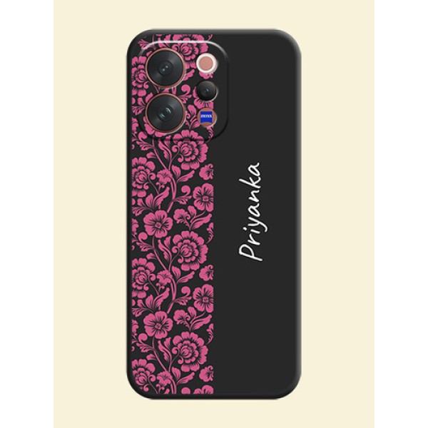 Pink Floral Pattern Design With Custom Text On Space Black Custom Soft Matte Mobile Back Cover - Vivo V70 5G Pink Floral Pattern Design With Custom Text On Space Black Custom Soft Matte Mobile Back Cover - Vivo V70 5G