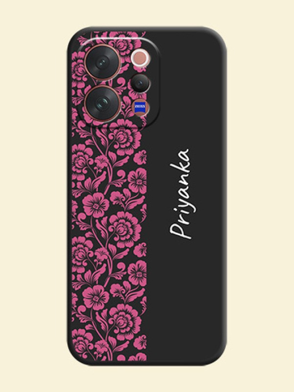 Pink Floral Pattern Design With Custom Text On Space Black Custom Soft Matte Mobile Back Cover - Vivo V70 5G