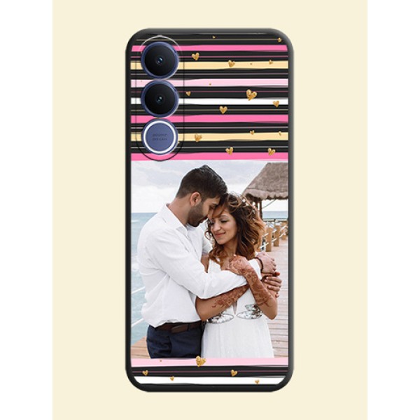 Multicolor Lines and Golden Love Symbols Design on Photo On Space Black Custom Soft Matte Mobile Back Cover - Vivo V70 Fe 5G