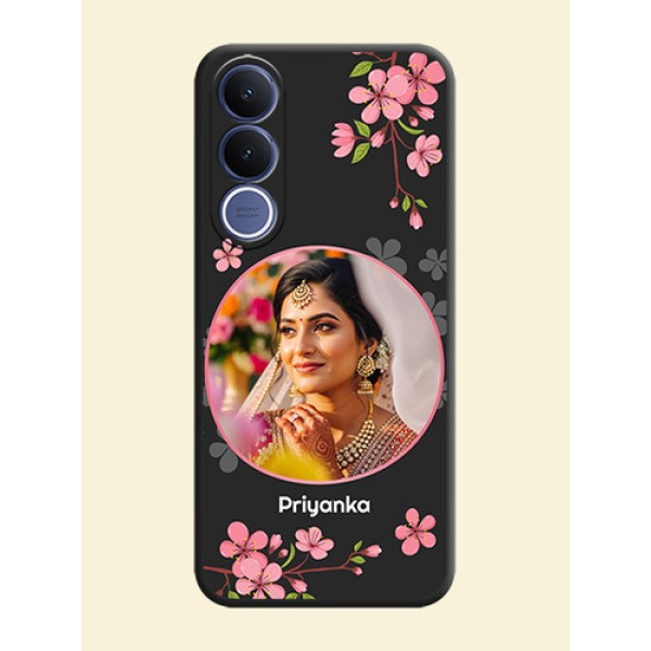 Round Image with Pink Color Floral Design on Photo On Space Black Custom Soft Matte Mobile Back Cover - Vivo V70 Fe 5G Round Image with Pink Color Floral Design on Photo On Space Black Custom Soft Matte Mobile Back Cover - Vivo V70 Fe 5G