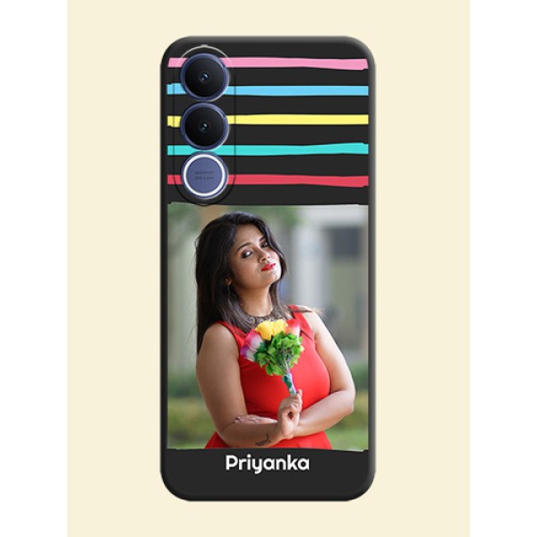 Multicolor Lines with Image On Space Black Custom Soft Matte Mobile Back Cover - Vivo V70 Fe 5G Multicolor Lines with Image On Space Black Custom Soft Matte Mobile Back Cover - Vivo V70 Fe 5G