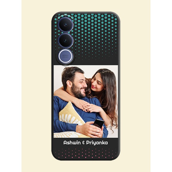 Faded Dots with Grunge Photo Frame and Text On Space Black Custom Soft Matte Mobile Back Cover - Vivo V70 Fe 5G Faded Dots with Grunge Photo Frame and Text On Space Black Custom Soft Matte Mobile Back Cover - Vivo V70 Fe 5G