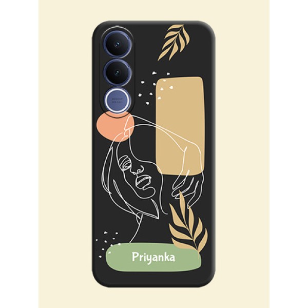 Custom Text With Line Art Of Women & Leaves Design On Space Black Custom Soft Matte Mobile Back Cover - Vivo V70 Fe 5G Custom Text With Line Art Of Women & Leaves Design On Space Black Custom Soft Matte Mobile Back Cover - Vivo V70 Fe 5G