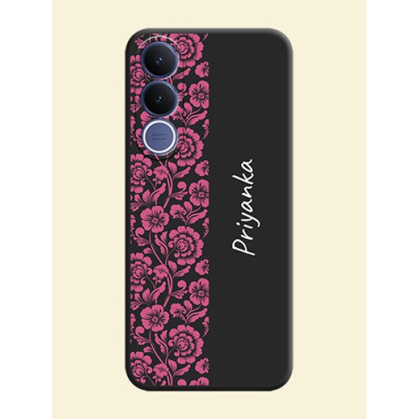 Pink Floral Pattern Design With Custom Text On Space Black Custom Soft Matte Mobile Back Cover - Vivo V70 Fe 5G Pink Floral Pattern Design With Custom Text On Space Black Custom Soft Matte Mobile Back Cover - Vivo V70 Fe 5G