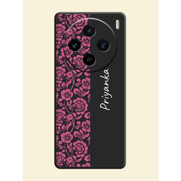 Pink Floral Pattern Design With Custom Text On Space Black Personalized Soft Matte Phone Covers - Vivo X100 5G