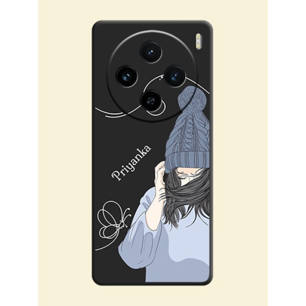 Girl With Blue Winter Outfiit Custom Text Design On Space Black Personalized Soft Matte Phone Covers - Vivo X100 5G