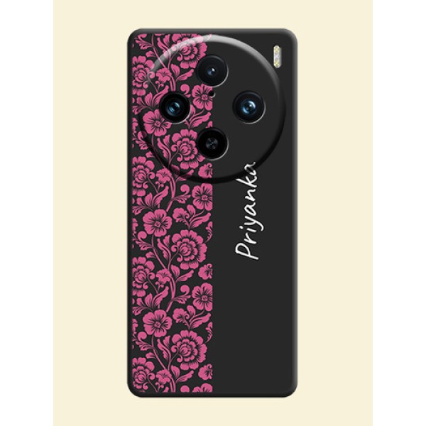 Pink Floral Pattern Design With Custom Text On Space Black Personalized Soft Matte Phone Covers - Vivo X100 Pro 5G