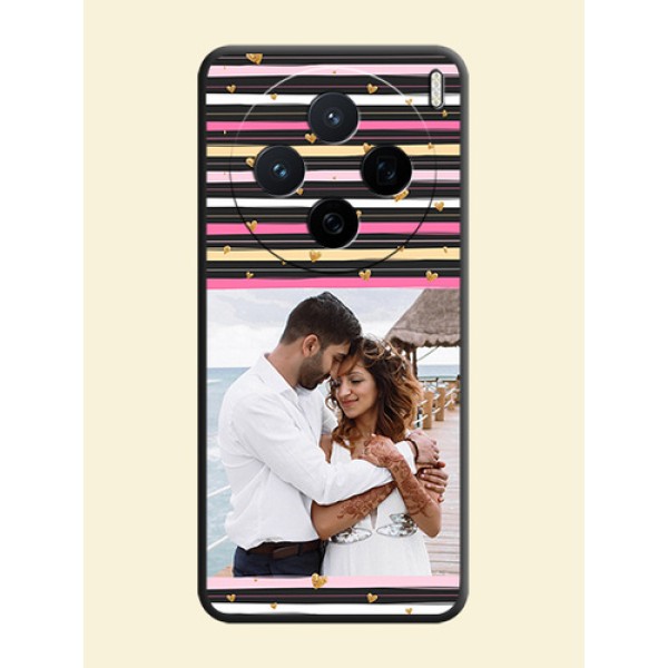 Multicolor Lines and Golden Love Symbols Design on Photo On Space Black Custom Soft Matte Mobile Back Cover - Vivo X200 5G