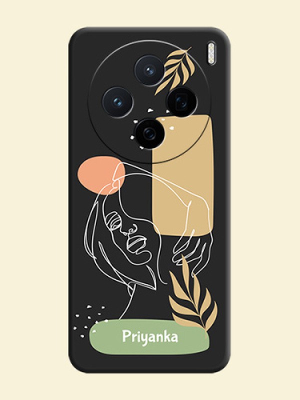 Custom Text With Line Art Of Women & Leaves Design On Space Black Custom Soft Matte Mobile Back Cover - Vivo X200 5G
