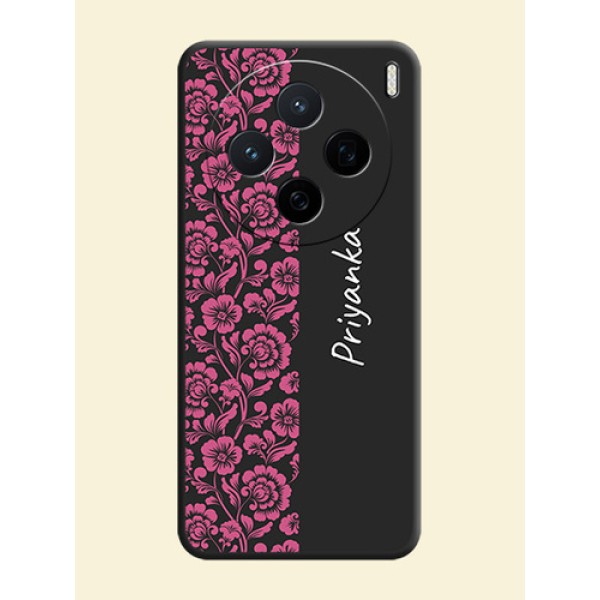 Pink Floral Pattern Design With Custom Text On Space Black Custom Soft Matte Mobile Back Cover - Vivo X200 5G Pink Floral Pattern Design With Custom Text On Space Black Custom Soft Matte Mobile Back Cover - Vivo X200 5G