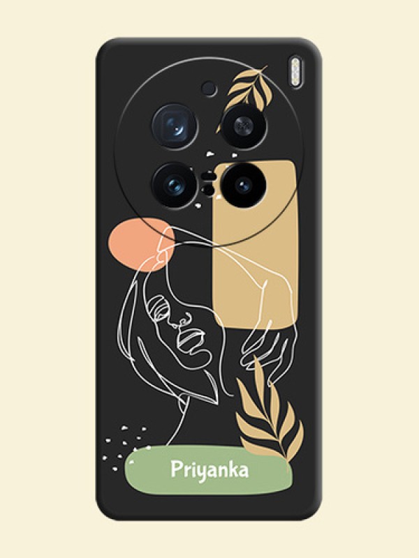 Custom Text With Line Art Of Women & Leaves Design On Space Black Custom Soft Matte Mobile Back Cover - Vivo X200 Pro 5G