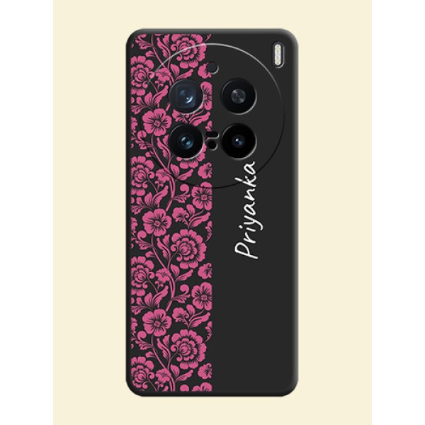 Pink Floral Pattern Design With Custom Text On Space Black Custom Soft Matte Mobile Back Cover - Vivo X200 Pro 5G Pink Floral Pattern Design With Custom Text On Space Black Custom Soft Matte Mobile Back Cover - Vivo X200 Pro 5G