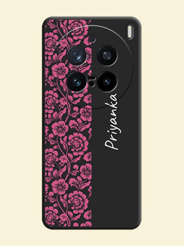 Pink Floral Pattern Design With Custom Text On Space Black Custom Soft Matte Mobile Back Cover - Vivo X200 Pro 5G