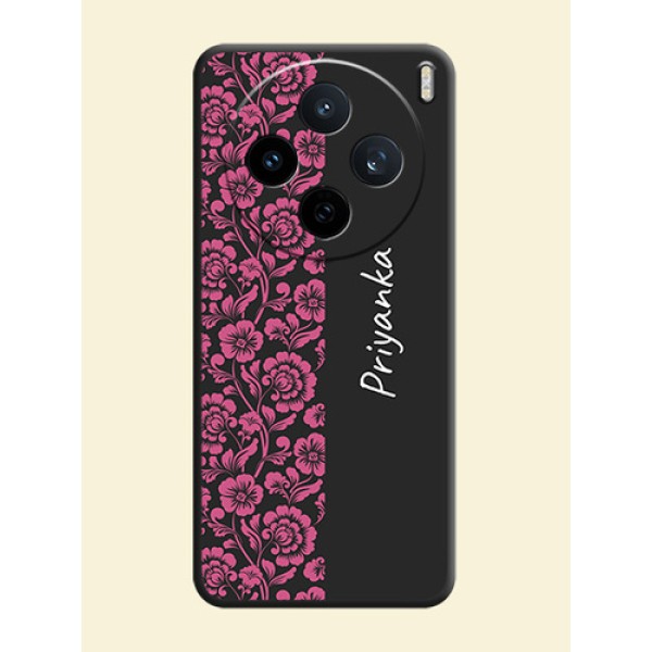 Pink Floral Pattern Design With Custom Text On Space Black Custom Soft Matte Mobile Back Cover - Vivo X200T 5G Pink Floral Pattern Design With Custom Text On Space Black Custom Soft Matte Mobile Back Cover - Vivo X200T 5G