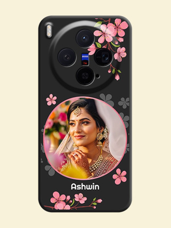 Round Image with Pink Color Floral Design on Photo On Space Black Custom Soft Matte Mobile Back Cover - Vivo X300 5G