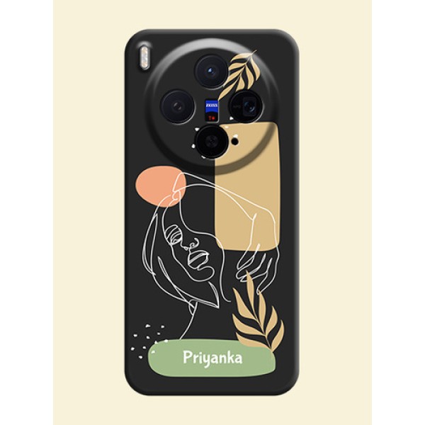 Custom Text With Line Art Of Women & Leaves Design On Space Black Custom Soft Matte Mobile Back Cover - Vivo X300 5G Custom Text With Line Art Of Women & Leaves Design On Space Black Custom Soft Matte Mobile Back Cover - Vivo X300 5G