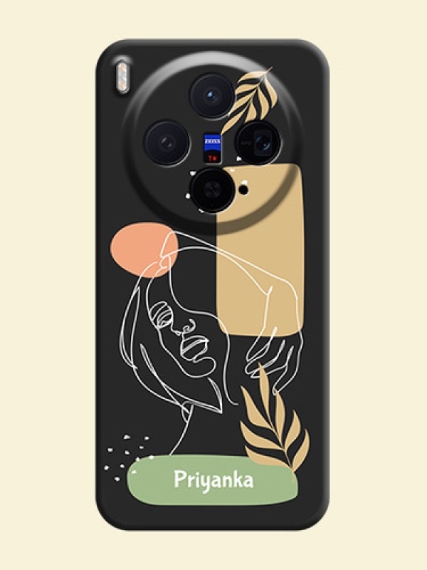 Custom Text With Line Art Of Women & Leaves Design On Space Black Custom Soft Matte Mobile Back Cover - Vivo X300 5G