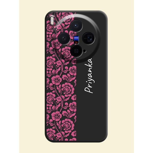 Pink Floral Pattern Design With Custom Text On Space Black Custom Soft Matte Mobile Back Cover - Vivo X300 5G Pink Floral Pattern Design With Custom Text On Space Black Custom Soft Matte Mobile Back Cover - Vivo X300 5G