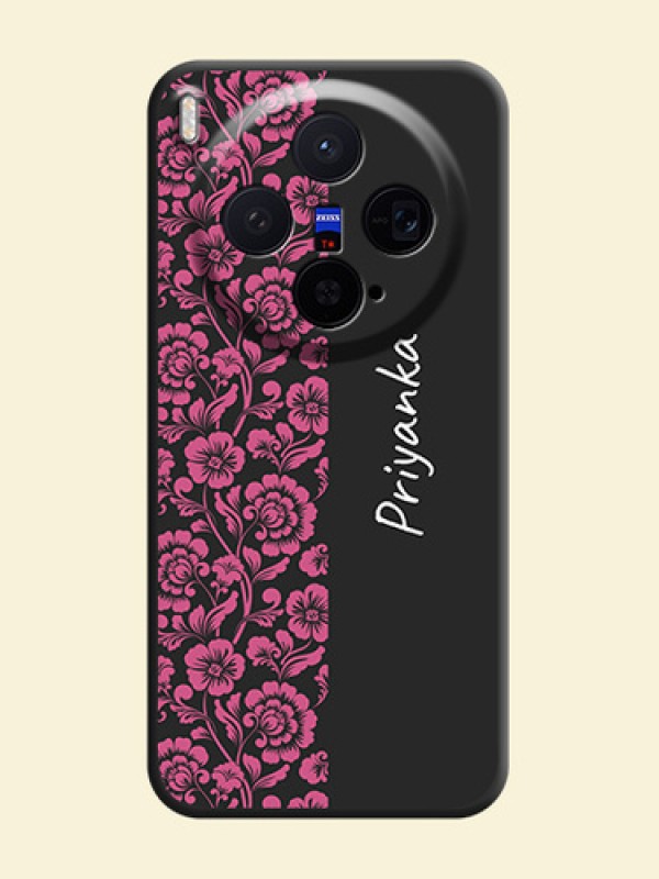 Pink Floral Pattern Design With Custom Text On Space Black Custom Soft Matte Mobile Back Cover - Vivo X300 5G
