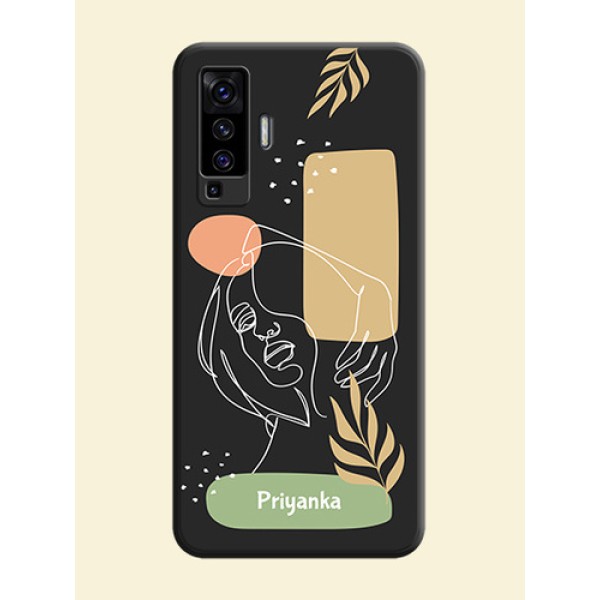 Custom Text With Line Art Of Women & Leaves Design On Space Black Personalized Soft Matte Phone Covers -Vivo X50 5G