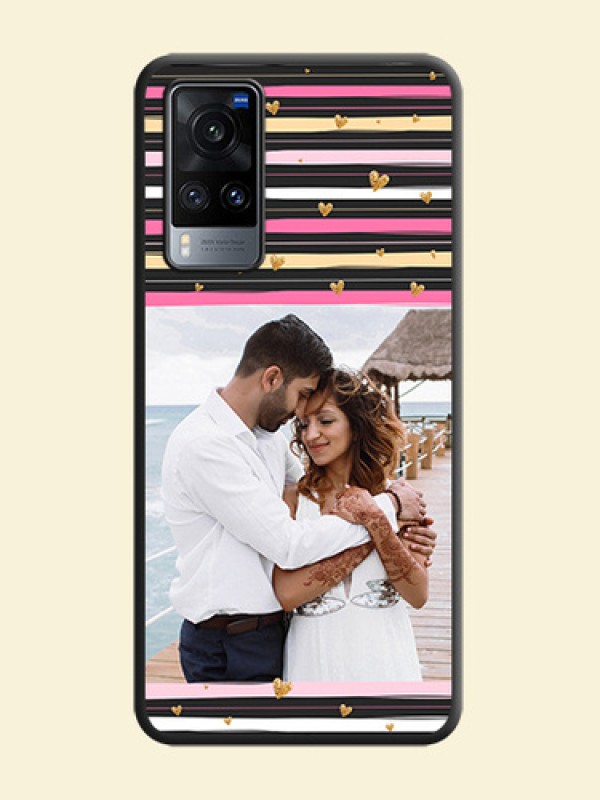 Multicolor Lines and Golden Love Symbols Design on Photo on Space Black Soft Matte Mobile Cover - Vivo X60