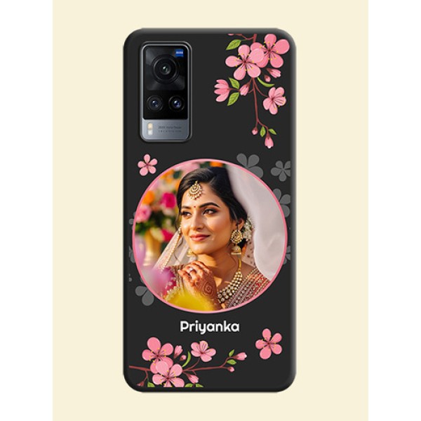 Round Image with Pink Color Floral Design on Photo on Space Black Soft Matte Back Cover - Vivo X60