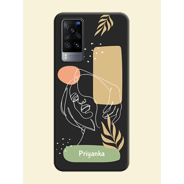 Custom Text With Line Art Of Women & Leaves Design On Space Black Personalized Soft Matte Phone Covers -Vivo X60 5G