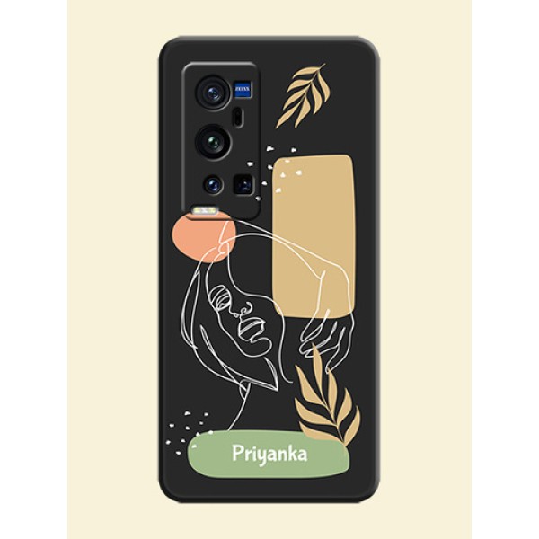 Custom Text With Line Art Of Women & Leaves Design On Space Black Personalized Soft Matte Phone Covers -Vivo X60 Pro Plus 5G