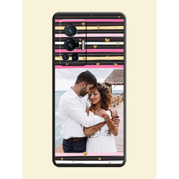 Multicolor Lines and Golden Love Symbols Design on Photo on Space Black Soft Matte Mobile Cover - Vivo X70 Pro 5G Multicolor Lines and Golden Love Symbols Design on Photo on Space Black Soft Matte Mobile Cover - Vivo X70 Pro 5G