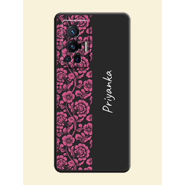 Pink Floral Pattern Design With Custom Text On Space Black Personalized Soft Matte Phone Covers -Vivo X70 Pro 5G Pink Floral Pattern Design With Custom Text On Space Black Personalized Soft Matte Phone Covers -Vivo X70 Pro 5G