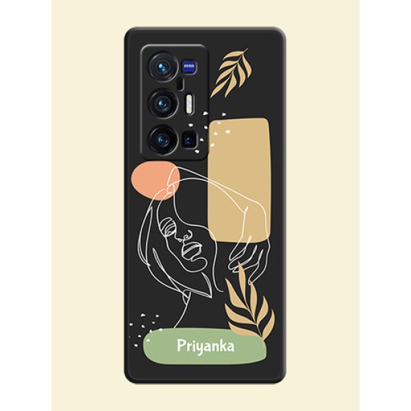 Custom Text With Line Art Of Women & Leaves Design On Space Black Personalized Soft Matte Phone Covers -Vivo X70 Pro Plus 5G