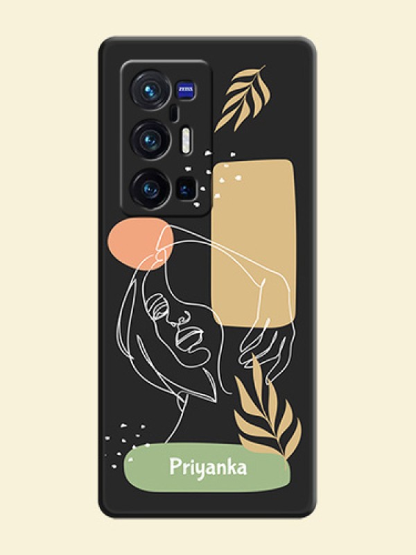 Custom Text With Line Art Of Women & Leaves Design On Space Black Personalized Soft Matte Phone Covers -Vivo X70 Pro Plus 5G