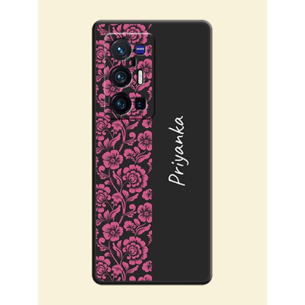 Pink Floral Pattern Design With Custom Text On Space Black Personalized Soft Matte Phone Covers -Vivo X70 Pro Plus 5G Pink Floral Pattern Design With Custom Text On Space Black Personalized Soft Matte Phone Covers -Vivo X70 Pro Plus 5G