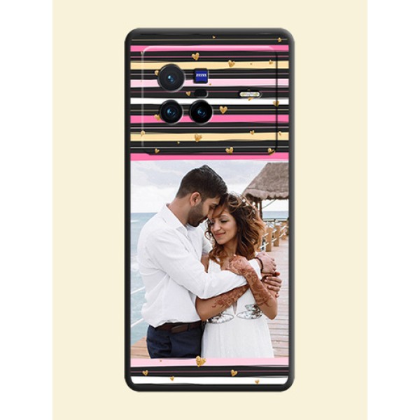 Multicolor Lines and Golden Love Symbols Design on Photo on Space Black Soft Matte Mobile Cover - Vivo X80 5G Multicolor Lines and Golden Love Symbols Design on Photo on Space Black Soft Matte Mobile Cover - Vivo X80 5G