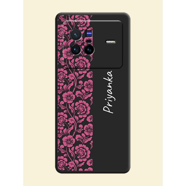 Pink Floral Pattern Design With Custom Text On Space Black Personalized Soft Matte Phone Covers -Vivo X80 5G Pink Floral Pattern Design With Custom Text On Space Black Personalized Soft Matte Phone Covers -Vivo X80 5G