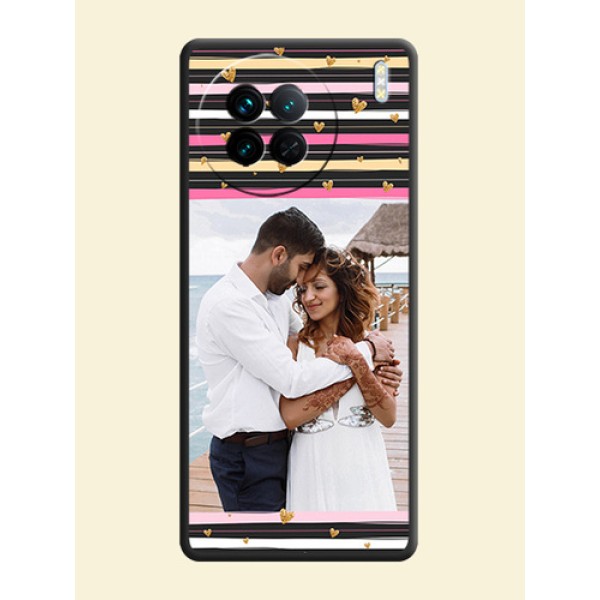 Multicolor Lines and Golden Love Symbols Design on Photo on Space Black Soft Matte Mobile Cover - Vivo X90 5G Multicolor Lines and Golden Love Symbols Design on Photo on Space Black Soft Matte Mobile Cover - Vivo X90 5G