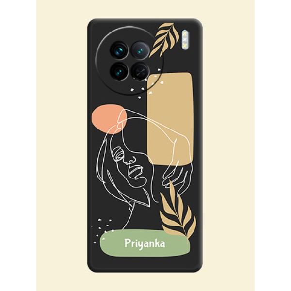 Custom Text With Line Art Of Women & Leaves Design On Space Black Personalized Soft Matte Phone Covers -Vivo X90 5G