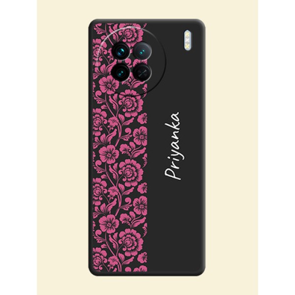 Pink Floral Pattern Design With Custom Text On Space Black Personalized Soft Matte Phone Covers -Vivo X90 5G Pink Floral Pattern Design With Custom Text On Space Black Personalized Soft Matte Phone Covers -Vivo X90 5G