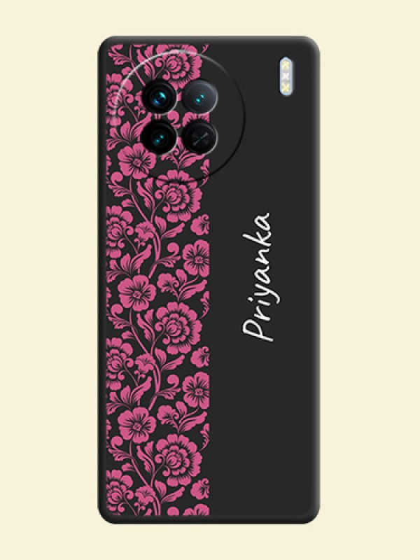 Pink Floral Pattern Design With Custom Text On Space Black Personalized Soft Matte Phone Covers -Vivo X90 5G