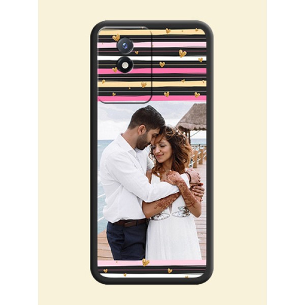 Multicolor Lines and Golden Love Symbols Design on Photo on Space Black Soft Matte Mobile Cover - Vivo Y02t Multicolor Lines and Golden Love Symbols Design on Photo on Space Black Soft Matte Mobile Cover - Vivo Y02t