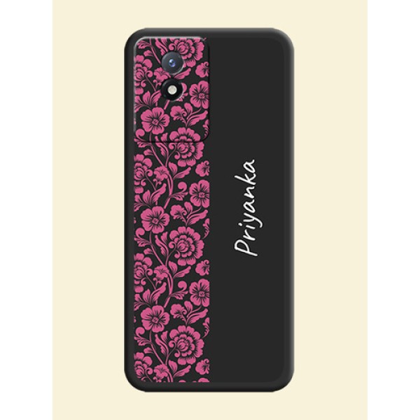 Pink Floral Pattern Design With Custom Text On Space Black Personalized Soft Matte Phone Covers -Vivo Y02T Pink Floral Pattern Design With Custom Text On Space Black Personalized Soft Matte Phone Covers -Vivo Y02T