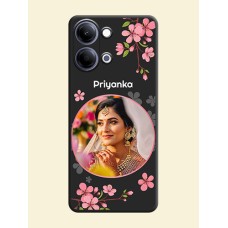 Round Image with Pink Color Floral Design on Photo On Space Black Custom Soft Matte Mobile Back Cover - Vivo Y11 5G