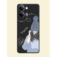 Girl With Blue Winter Outfiit Custom Text Design On Space Black Custom Soft Matte Mobile Back Cover - Vivo Y11 5G