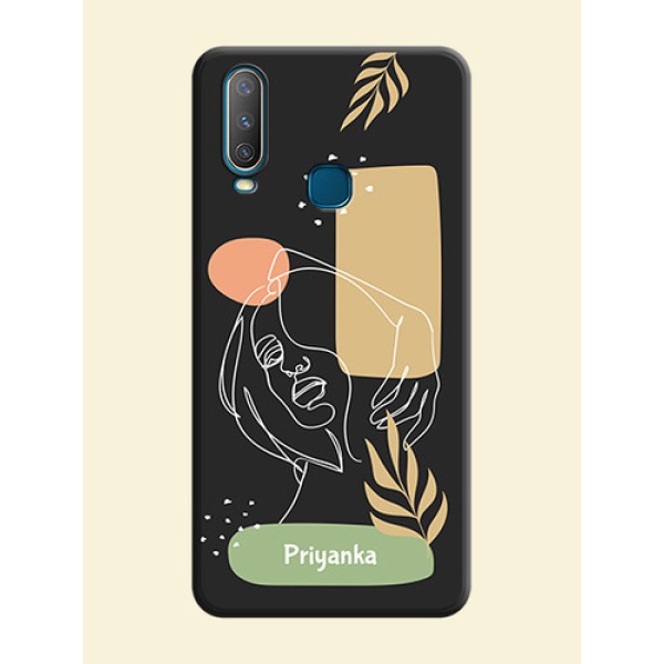 Custom Text With Line Art Of Women & Leaves Design On Space Black Personalized Soft Matte Phone Covers -Vivo Y15