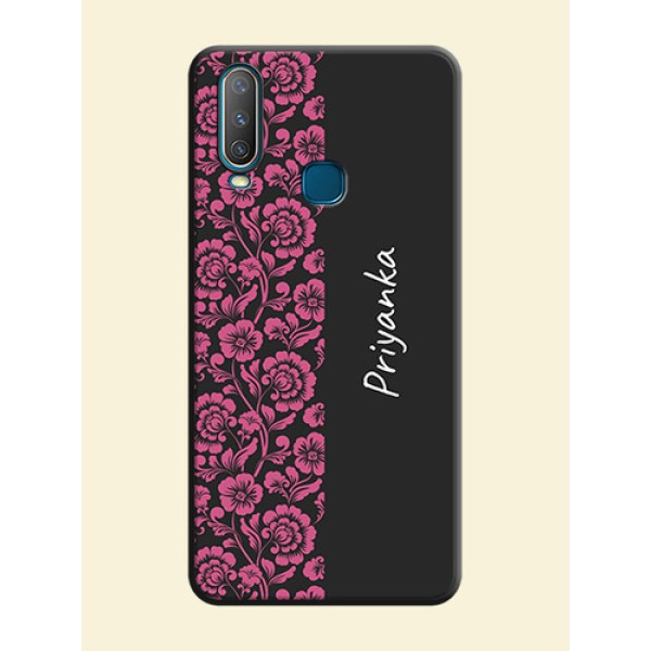 Pink Floral Pattern Design With Custom Text On Space Black Personalized Soft Matte Phone Covers -Vivo Y15 Pink Floral Pattern Design With Custom Text On Space Black Personalized Soft Matte Phone Covers -Vivo Y15