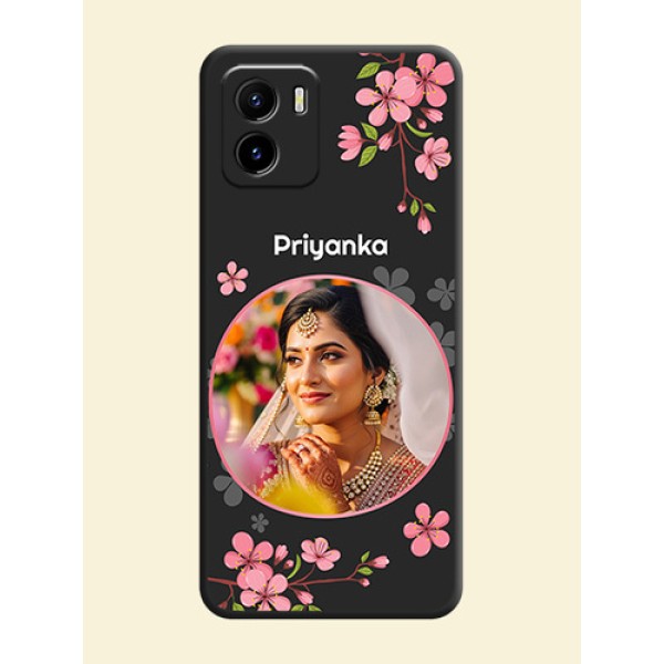 Round Image with Pink Color Floral Design on Photo on Space Black Soft Matte Back Cover - Vivo Y15c