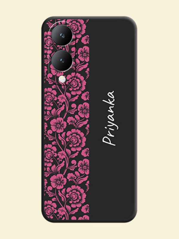 Pink Floral Pattern Design With Custom Text On Space Black Custom Soft Matte Mobile Back Cover - Vivo Y17S